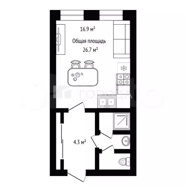 Квартира-студия, 26,7 м, 3/5 эт. - Фото 1