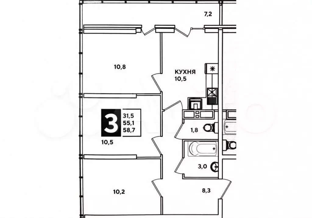 3-к. квартира, 62,3 м, 23/24 эт. - Фото 0