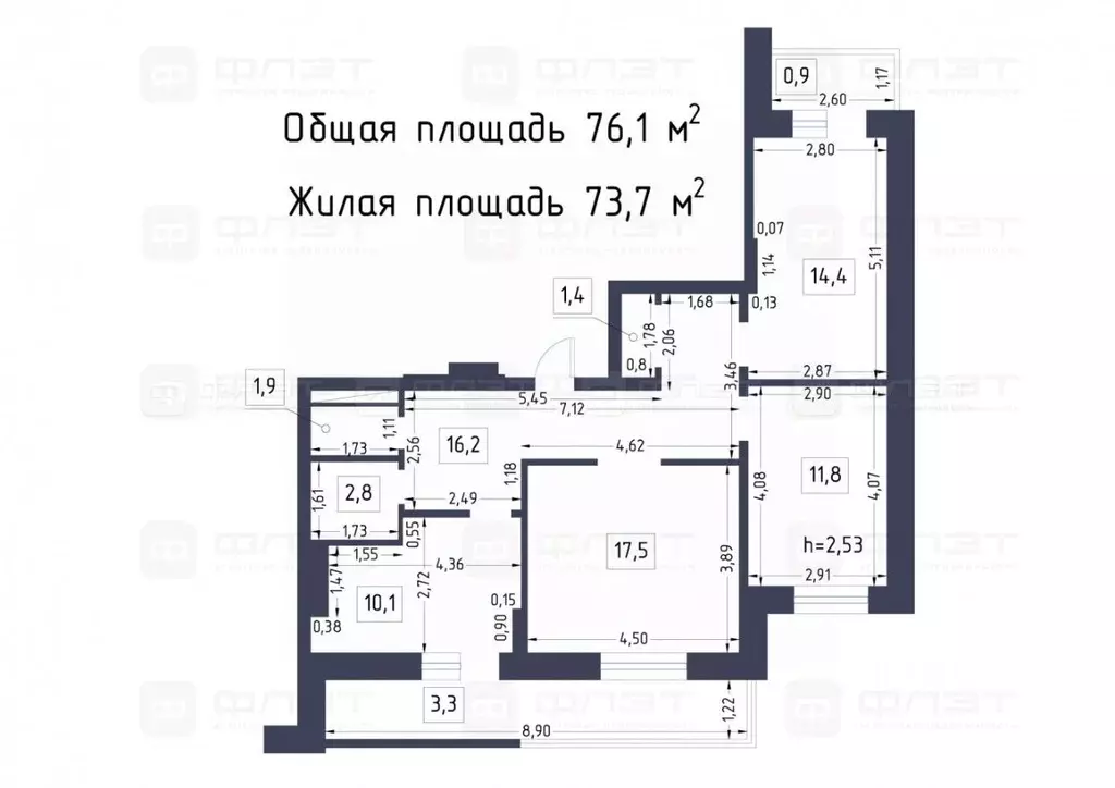 3-к кв. Татарстан, Казань ул. Академика Глушко, 4 (76.1 м) - Фото 2