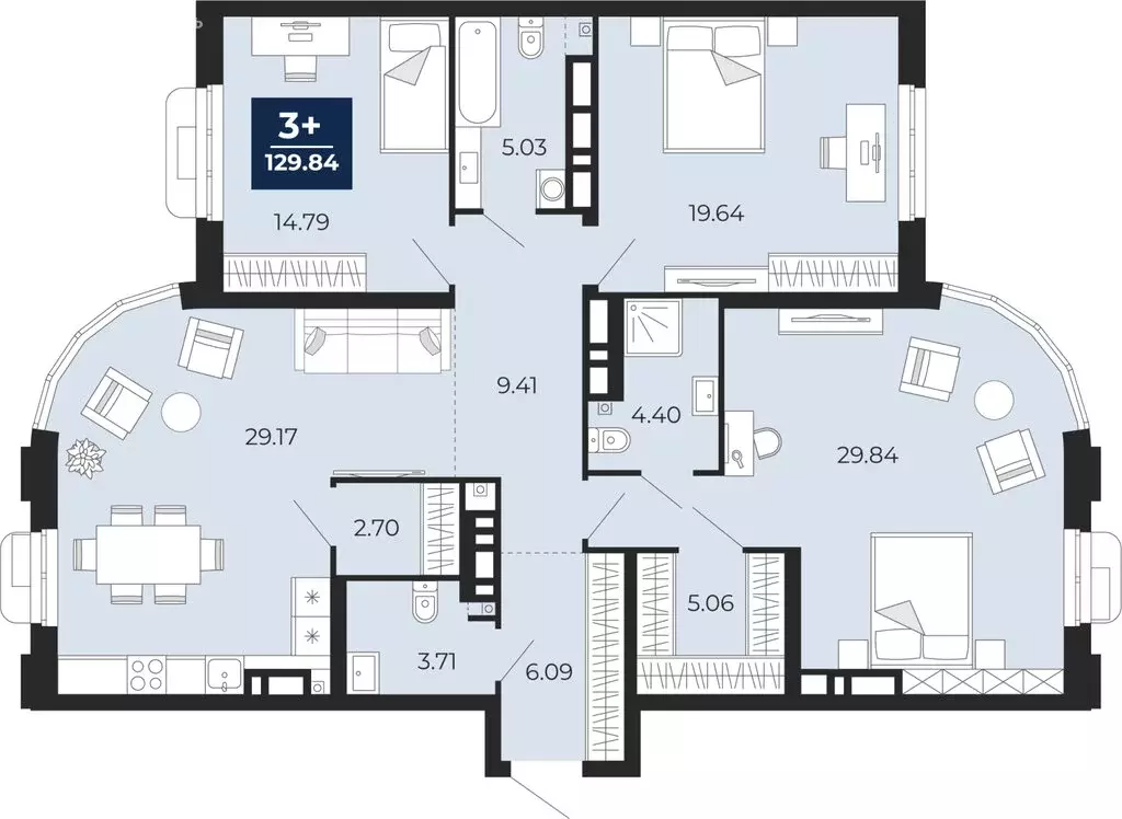 3-комнатная квартира: Тюмень, ЖК Айвазовский Сити (129.84 м) - Фото 1