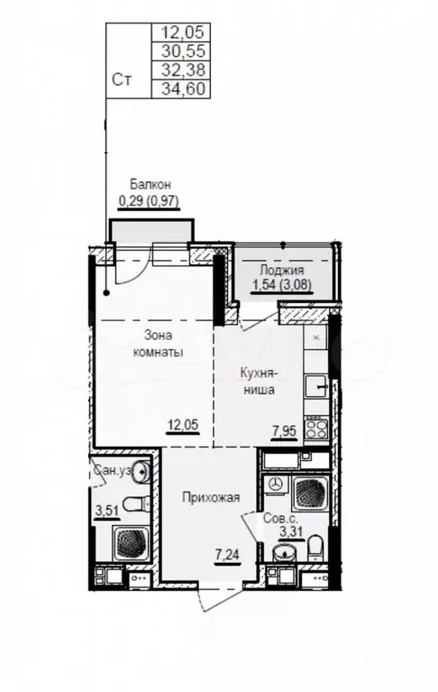 Квартира-студия, 34,6 м, 17/17 эт. - Фото 0
