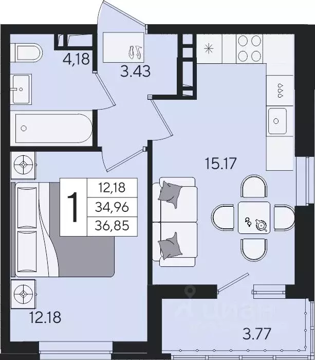 1-к кв. Краснодарский край, Краснодар  (36.85 м) - Фото 2
