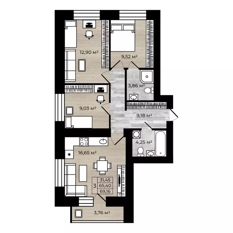 3-к кв. Ярославская область, Ярославль Тормозное ш. (69.16 м) - Фото 1
