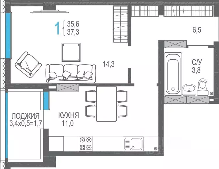 1-к кв. Крым, Симферополь ул. Трубаченко, 21 (39.0 м) - Фото 1