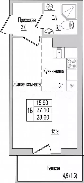 1-к. квартира, 28,6 м, 5/10 эт. - Фото 0