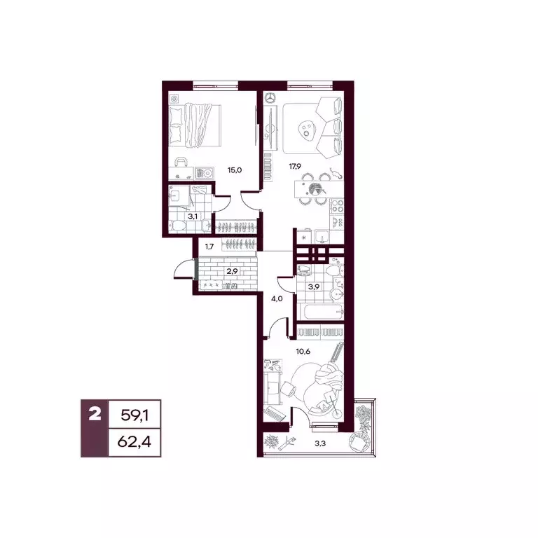 2-комнатная квартира: Дударева, ЖК Макс (62.95 м) - Фото 1