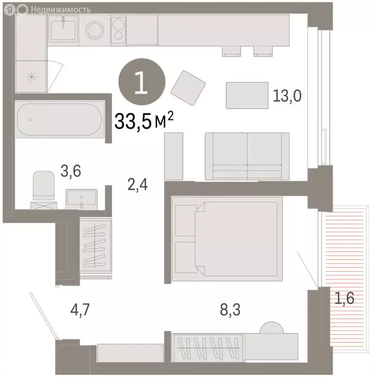 1-комнатная квартира: Тюмень, жилой комплекс Зарека (33.53 м) - Фото 1