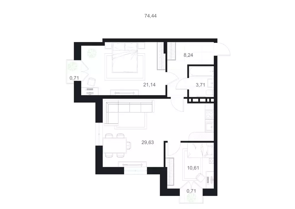 2-комнатная квартира: Каспийск, улица М. Халилова, 1А (74.44 м) - Фото 1