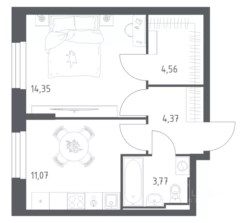 1-к кв. Татарстан, Казань проезд Владимира Шнеппа (38.12 м) - Фото 1