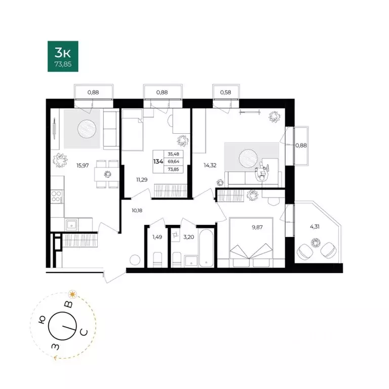 3-к кв. Ярославская область, Ярославль Северный жилрайон, 15-й мкр, 1 ... - Фото 1