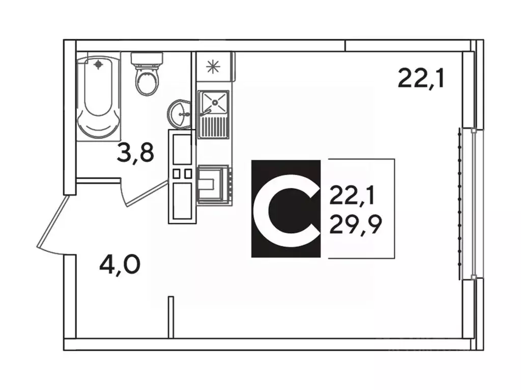 Студия Краснодарский край, Краснодар Самолет-6 жилой комплекс (29.9 м) - Фото 1