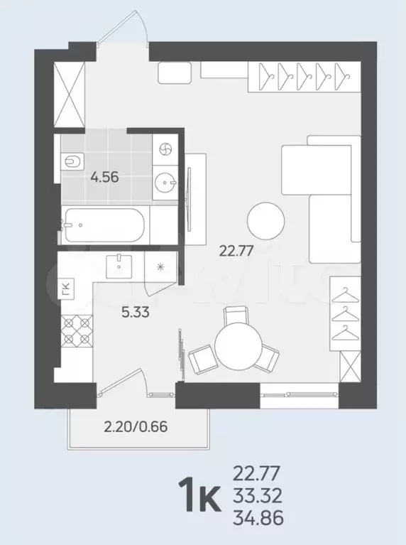 1-к. квартира, 33,3м, 2/3эт. - Фото 1