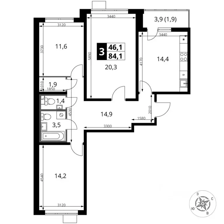 3-к кв. Московская область, Видное ул. Старо-Нагорная, 31 (84.1 м) - Фото 1