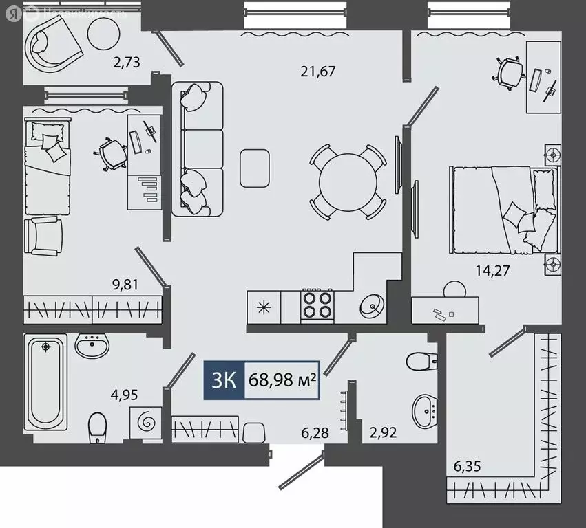 3-комнатная квартира: Тюмень, улица Василия Севергина, 2 (68.98 м) - Фото 1