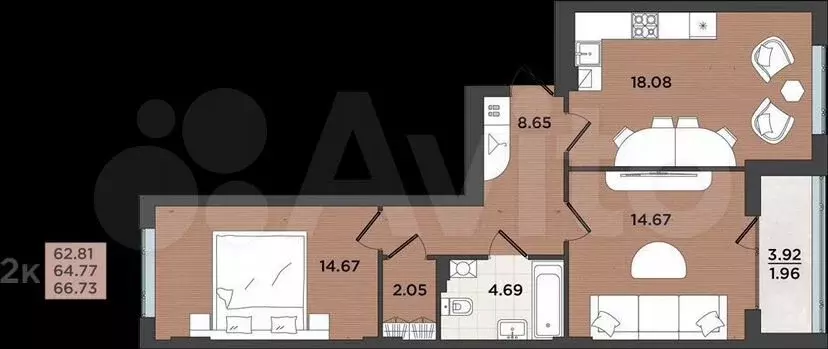 2-к. квартира, 65м, 4/8эт. - Фото 1