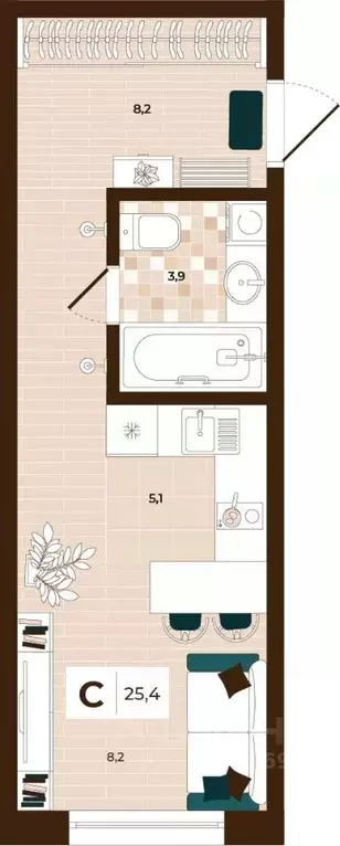 Студия Тульская область, Тула ул. Академика Насоновой, 3 (25.4 м) - Фото 1