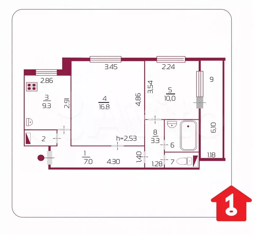 2-к. квартира, 54 м, 1/9 эт. - Фото 0