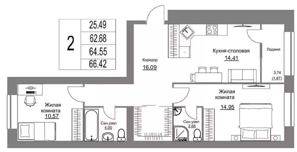 2-к кв. Калужская область, Калуга Жилыеы Острова кв-л,  (66.42 м) - Фото 0