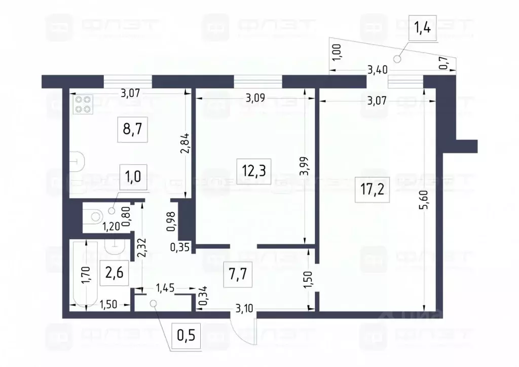 2-к кв. Татарстан, Казань ул. Четаева, 33 (50.0 м) - Фото 1