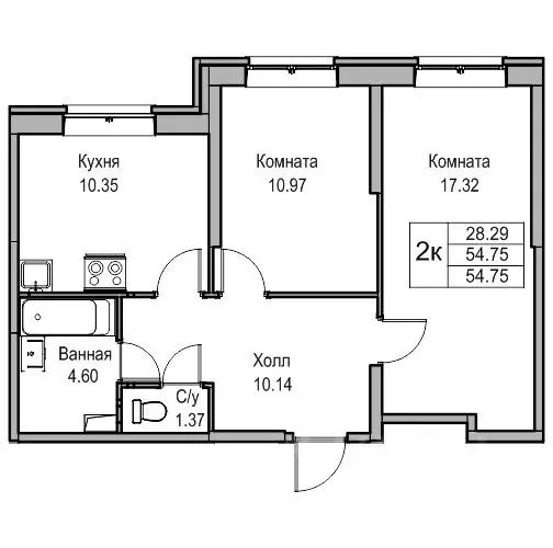 2-к кв. Санкт-Петербург ул. Ивинская, 19к1 (54.5 м) - Фото 1