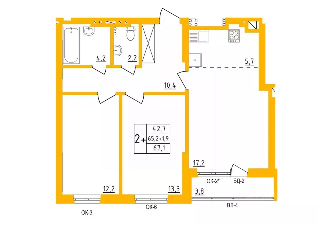 2-к кв. Башкортостан, Уфа Инорс-4Б мкр, Акварель жилой комплекс (66.6 ... - Фото 1