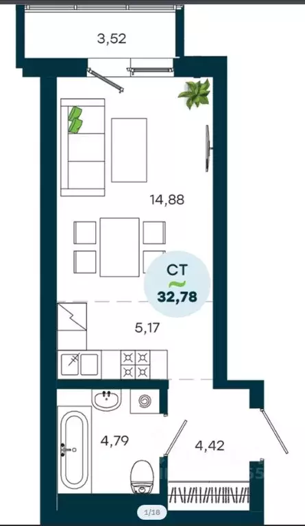 Студия Иркутская область, Иркутск ул. Безбокова, 7А/1 (32.8 м) - Фото 1
