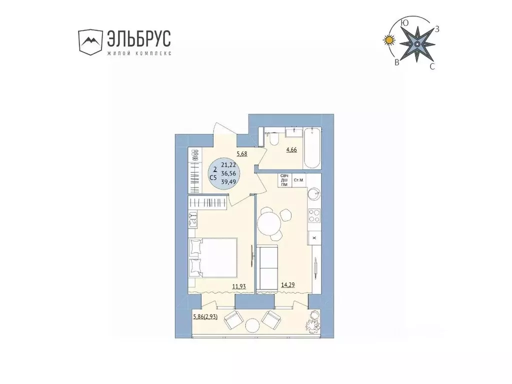 2-к кв. Башкортостан, Уфа Кавказская ул., 24 (39.49 м) - Фото 1