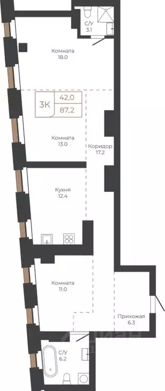 3-к кв. Алтайский край, Барнаул пл. Баварина, 8к1 (86.9 м) - Фото 1