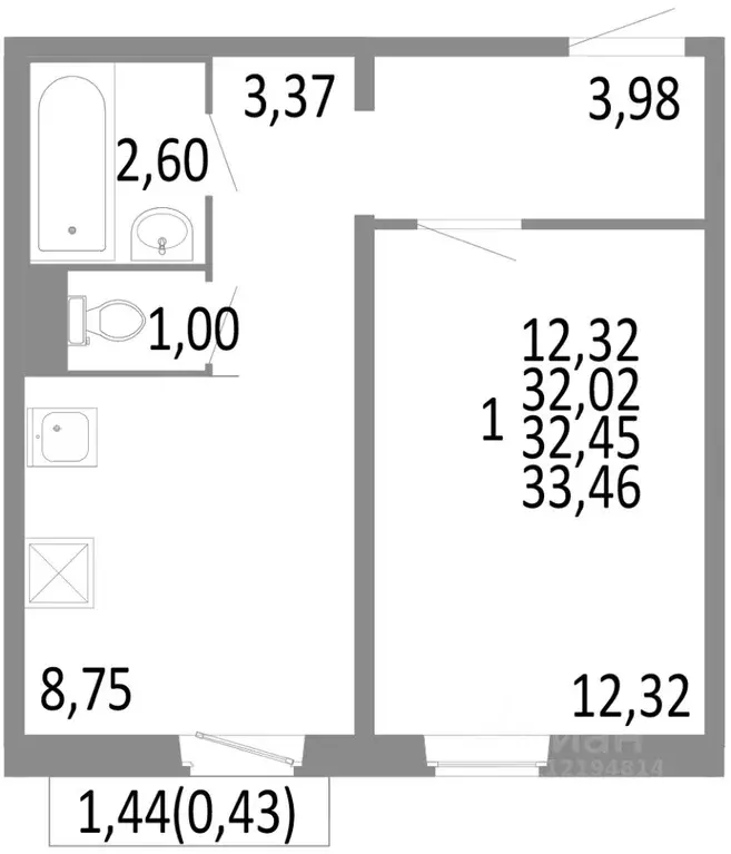 1-к кв. Челябинская область, Челябинск ул. Блюхера, 125В (32.45 м) - Фото 0