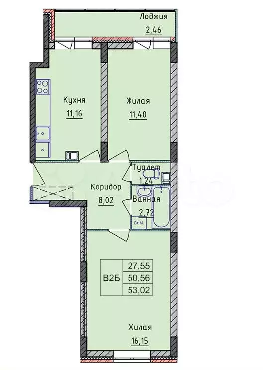 2-к. квартира, 53 м, 6/8 эт. - Фото 0