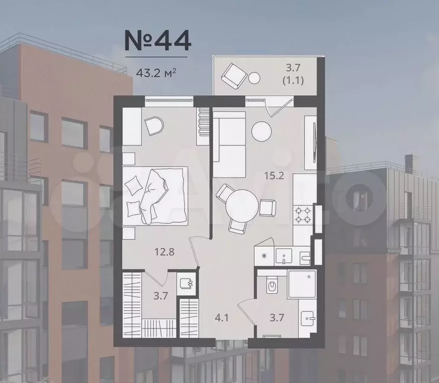 1-к. квартира, 42,9 м, 3/7 эт. - Фото 0