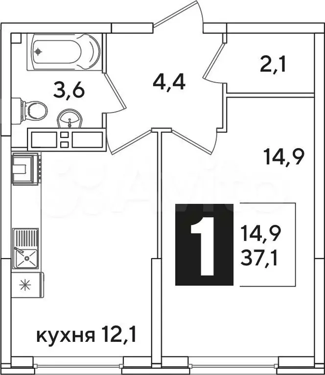 1-к. квартира, 37,1м, 10/16эт. - Фото 1