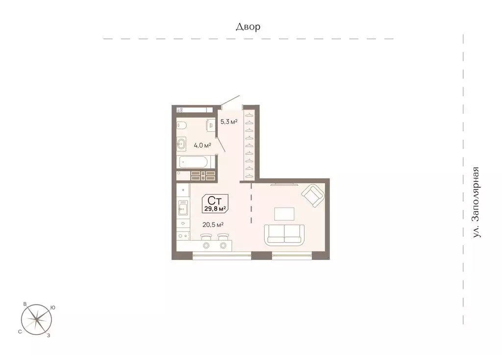 Квартира-студия: Тюмень, Заполярная улица, 3 (29.8 м) - Фото 0