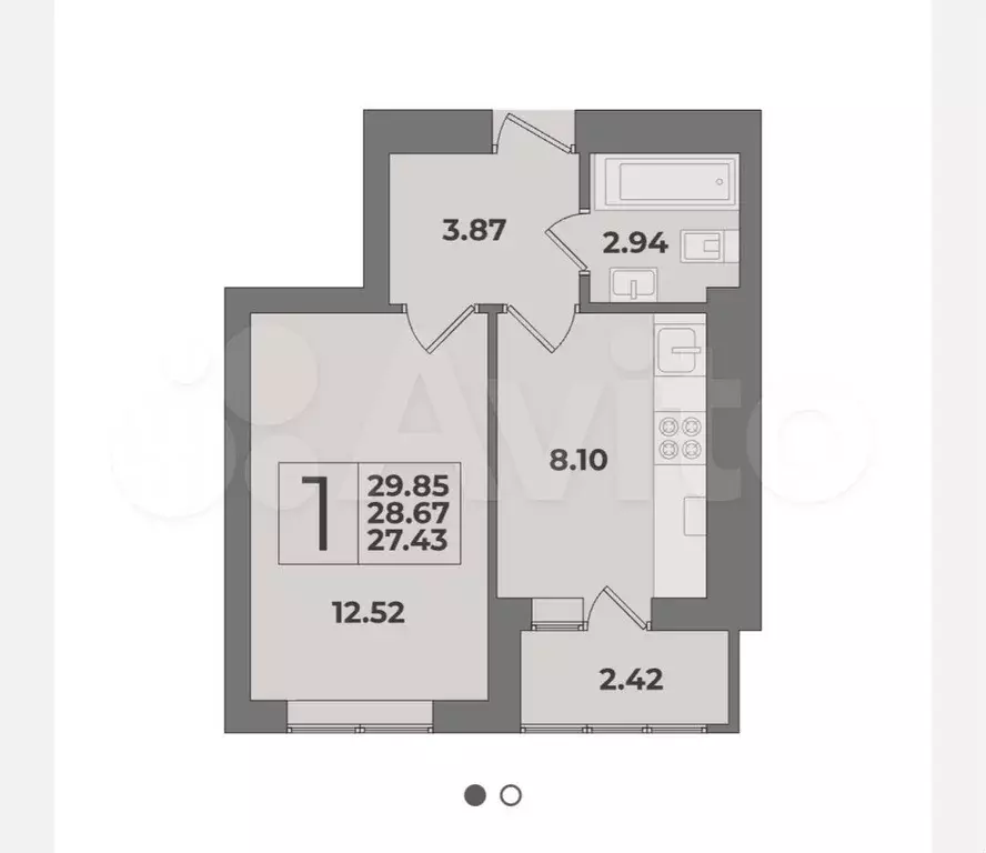 1-к. квартира, 29,9 м, 4/9 эт. - Фото 1