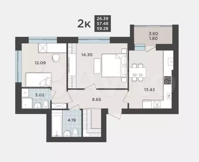 2-к. квартира, 57,5 м, 7/9 эт. - Фото 1