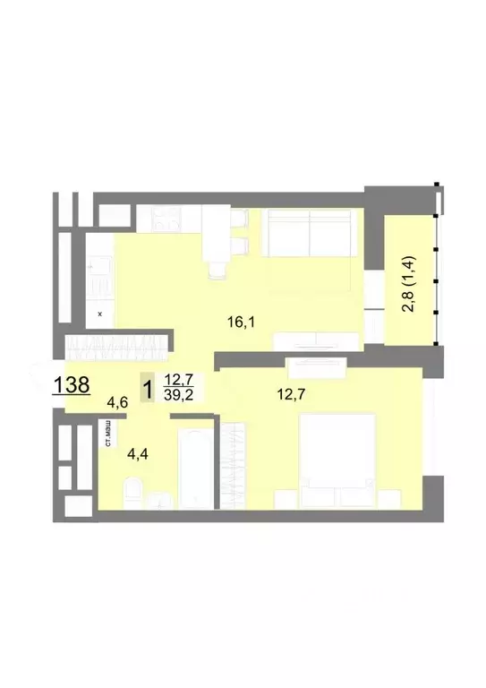 1-к кв. Свердловская область, Екатеринбург ул. Шаумяна, 77 (39.2 м) - Фото 1