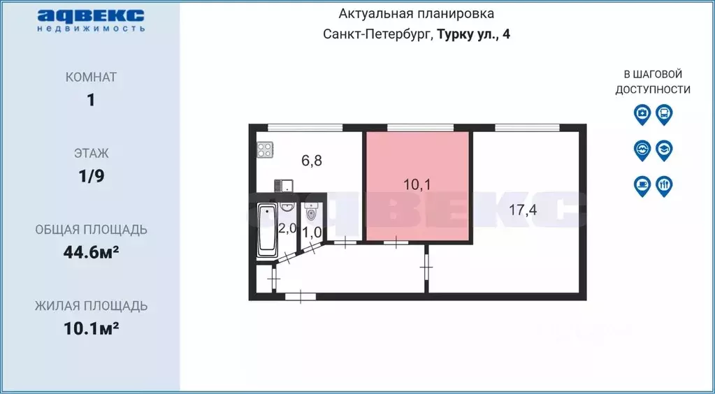 Комната Санкт-Петербург ул. Турку, 4 (10.1 м) - Фото 1
