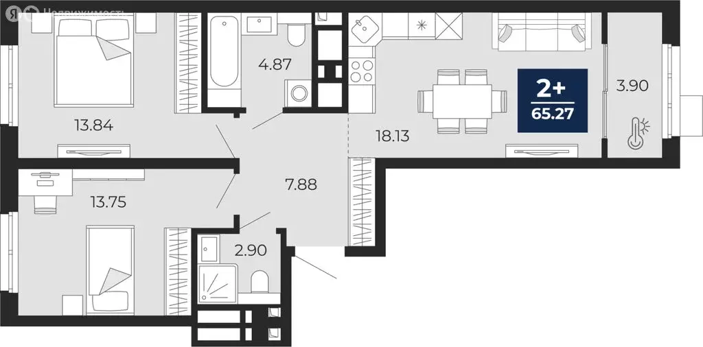 2-комнатная квартира: Тюмень, Ленинский округ, ЖК Беринг (65.27 м) - Фото 1