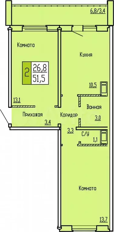2-к. квартира, 51,5 м, 5/10 эт. - Фото 0