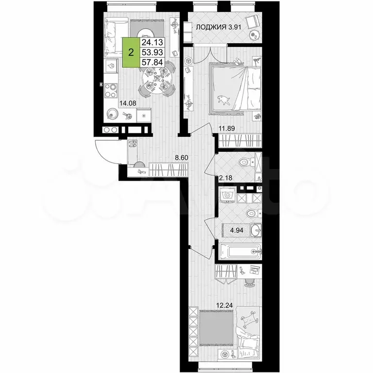2-к. квартира, 57,8 м, 2/7 эт. - Фото 1
