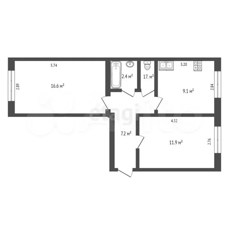 2-к. квартира, 49,5 м, 5/5 эт. - Фото 0