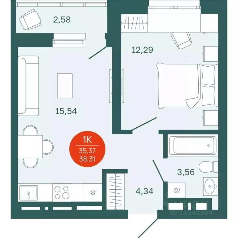 1-к кв. Тюменская область, Тюмень Одесская ул., 7к2 (35.73 м) - Фото 0
