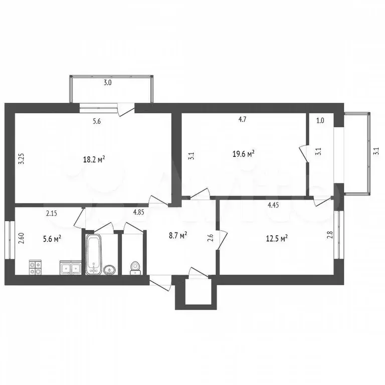 3-к. квартира, 63,5 м, 2/5 эт. - Фото 0