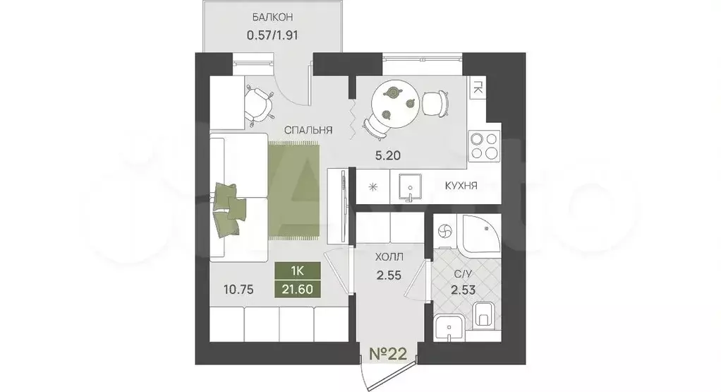 1-к. квартира, 21,6 м, 3/5 эт. - Фото 1