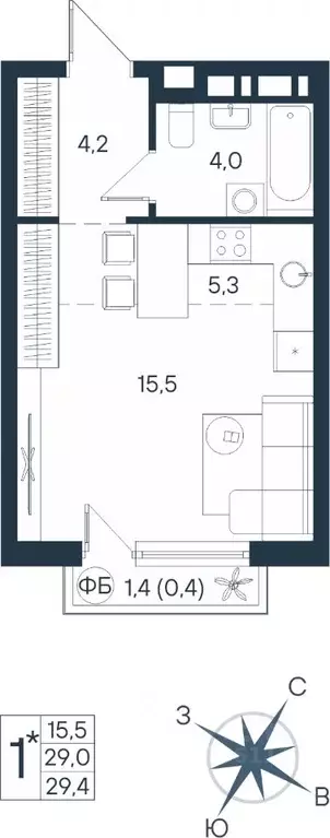 Студия Пермский край, Пермь ул. Космонавта Беляева, 17 (29.4 м) - Фото 1