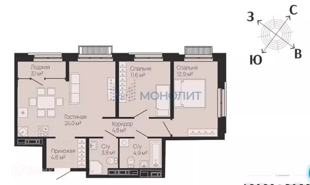 Продаётся 2-к квартира, 68.2 м - Фото 1