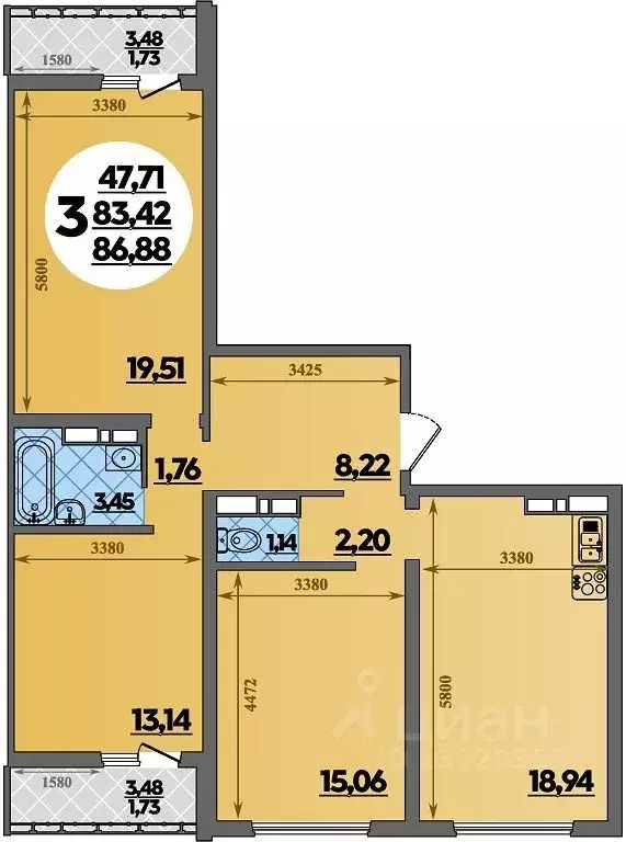 3-к кв. Адыгея, Майкоп  (86.88 м) - Фото 1