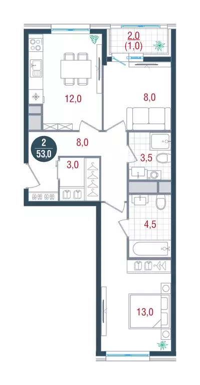 2-к квартира, 53 м - Фото 0