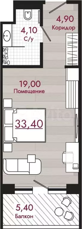 Квартира-студия, 33,4 м, 3/7 эт. - Фото 0