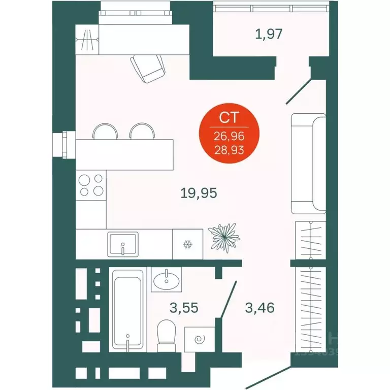 Студия Тюменская область, Тюмень Одесская ул., 7к2 (26.96 м) - Фото 0
